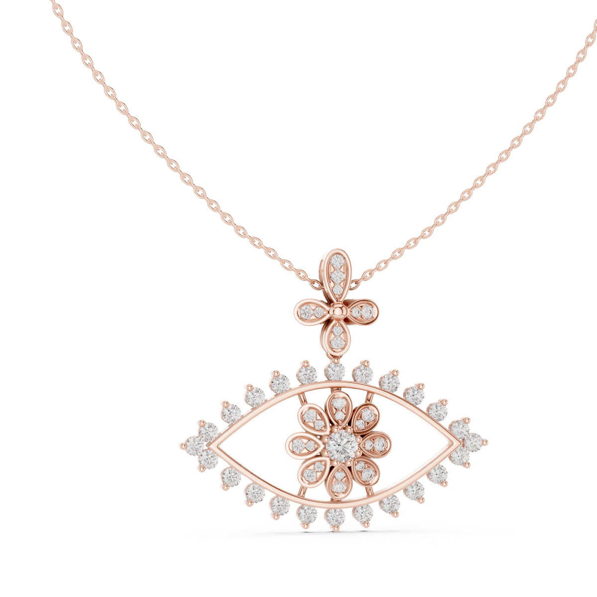 Evil Eye and Floral Motif Labgrown Diamond Pendant Necklace Rose Gold