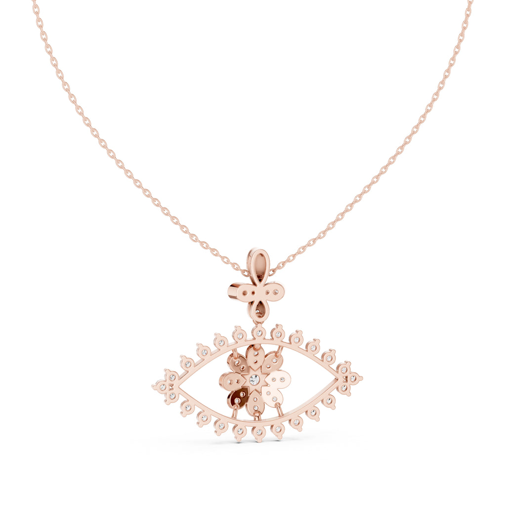 Evil Eye and Floral Motif Labgrown Diamond Pendant Necklace Rose Gold