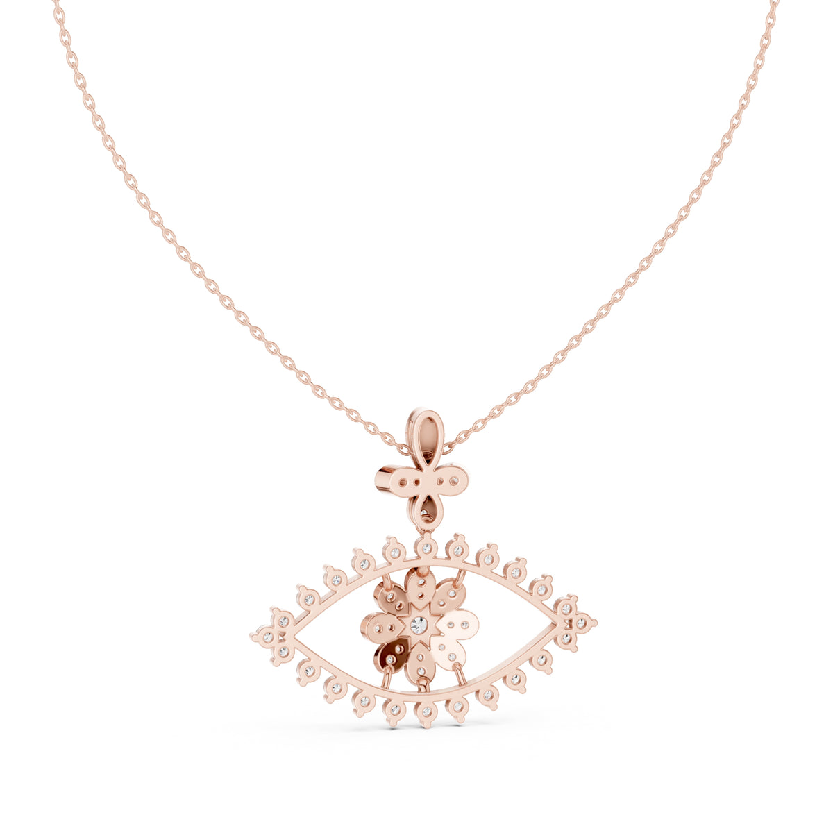 Evil Eye and Floral Motif Labgrown Diamond Pendant Necklace Rose Gold