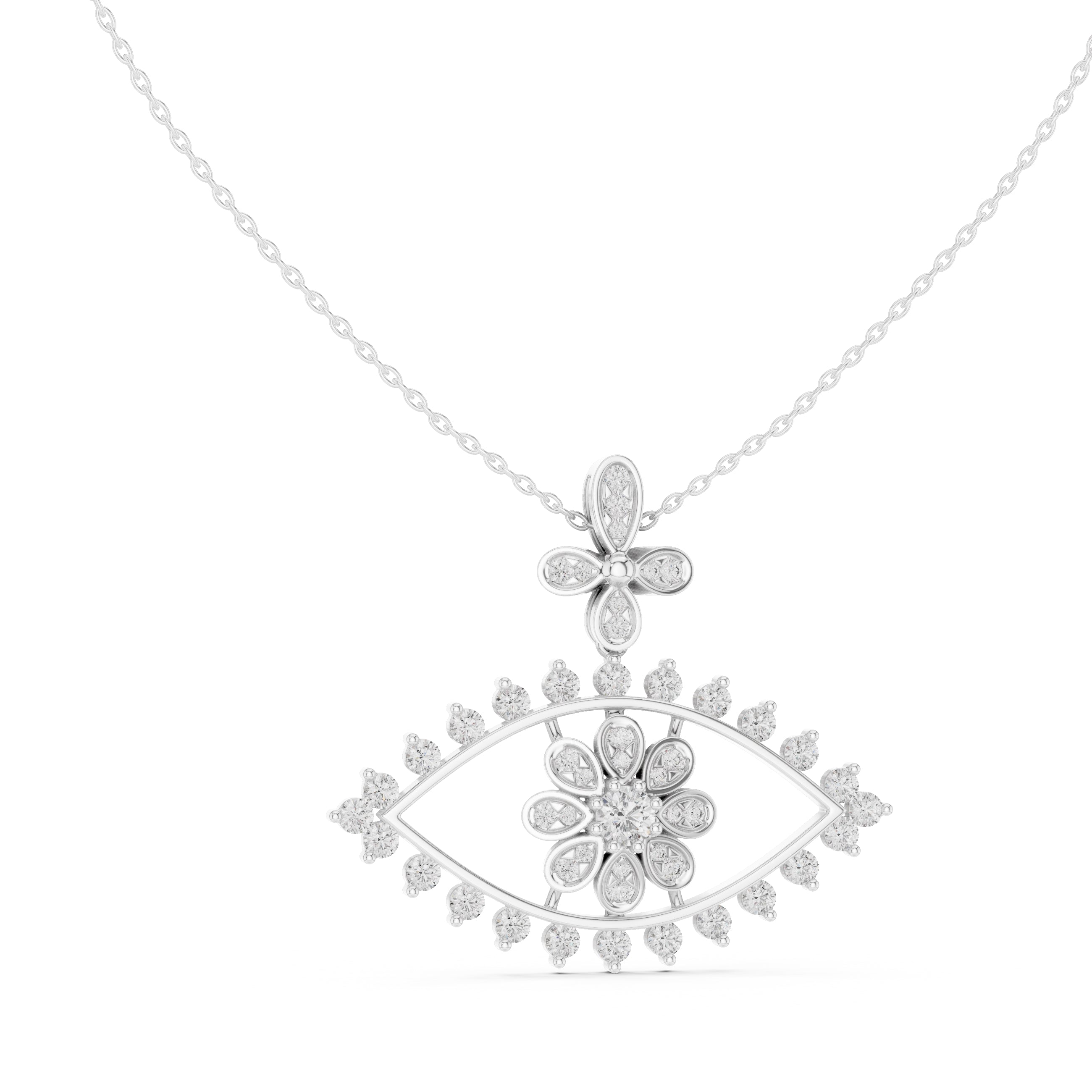 Evil Eye and Floral Motif Labgrown Diamond Pendant Necklace White Gold