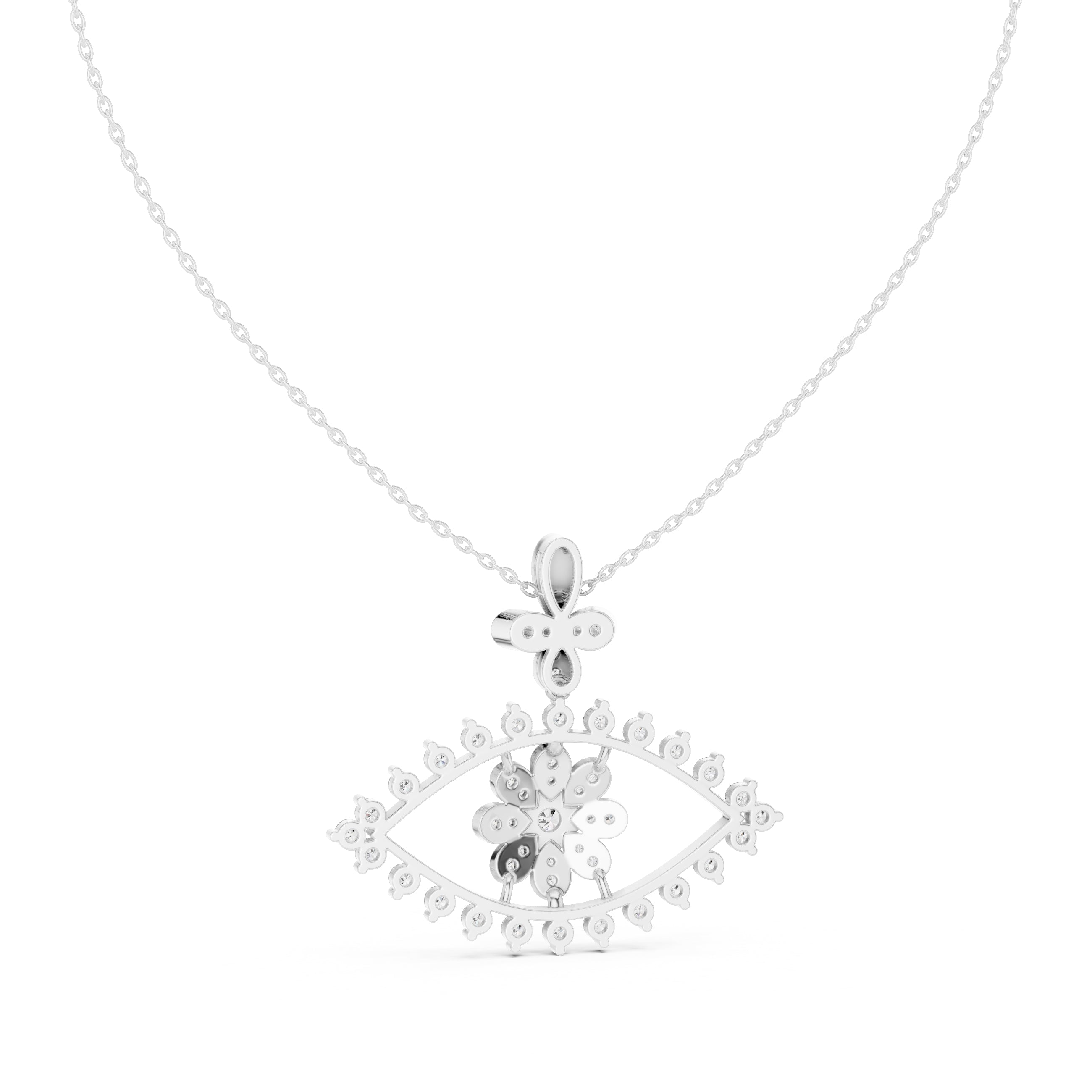 Evil Eye and Floral Motif Labgrown Diamond Pendant Necklace White Gold