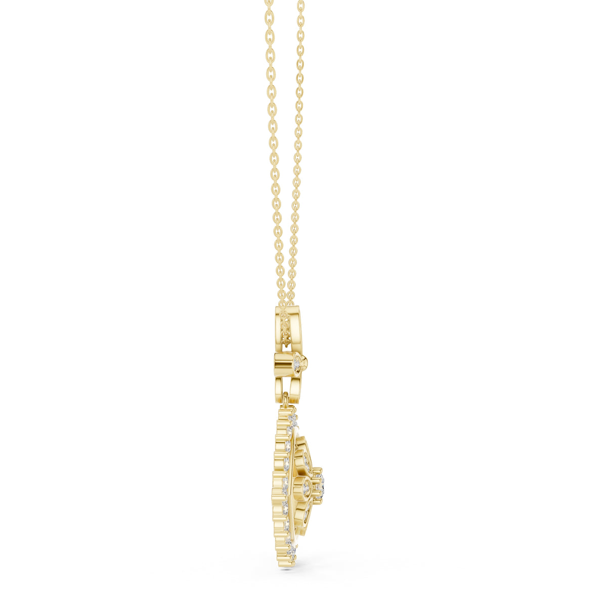 Evil Eye and Floral Motif Labgrown Diamond Pendant Necklace Yellow Gold