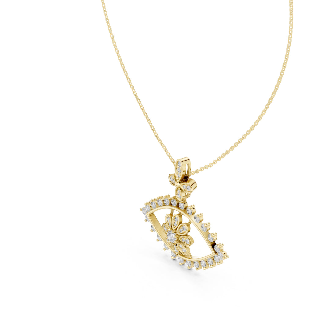 Evil Eye and Floral Motif Labgrown Diamond Pendant Necklace Yellow Gold