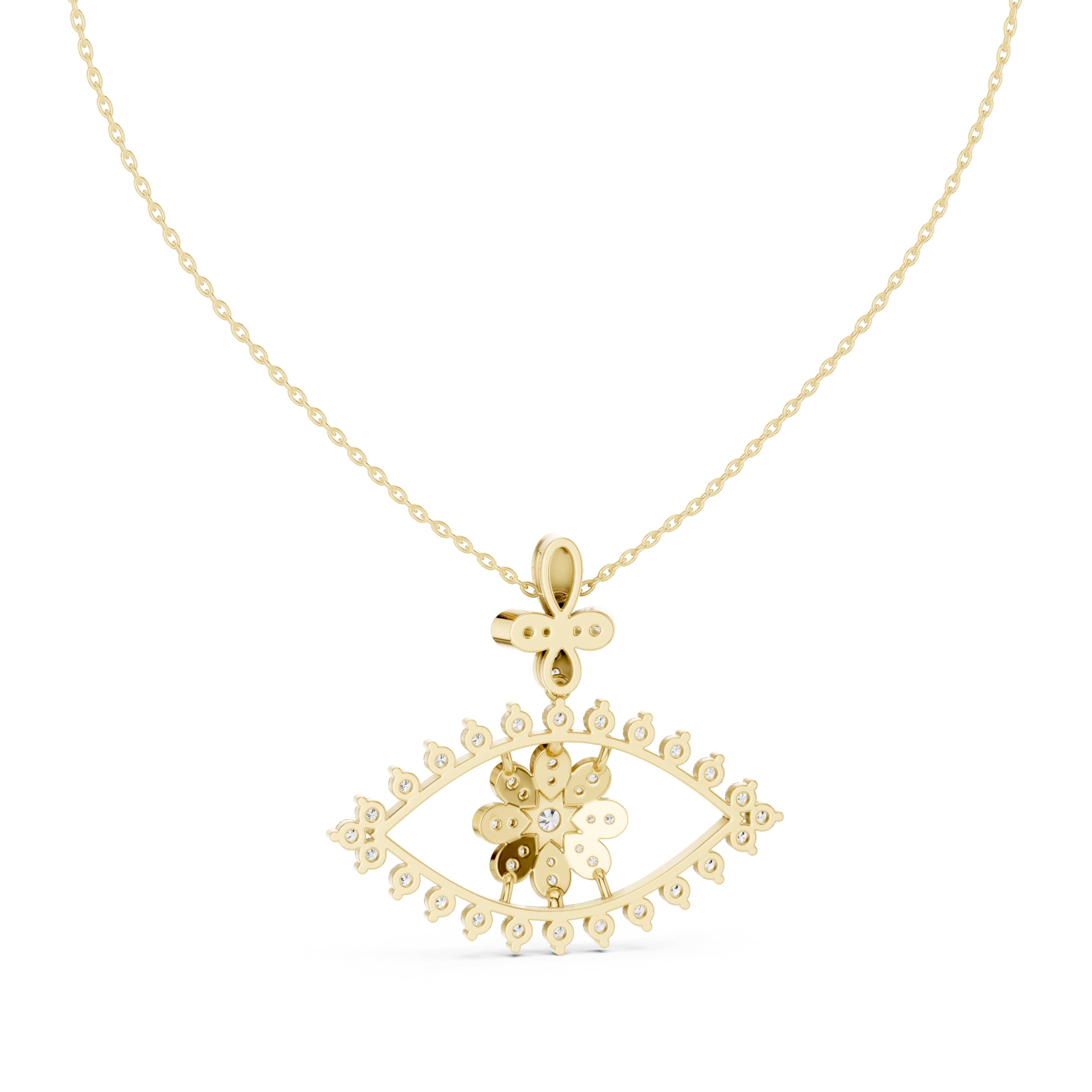 Evil Eye and Floral Motif Labgrown Diamond Pendant Necklace Yellow Gold