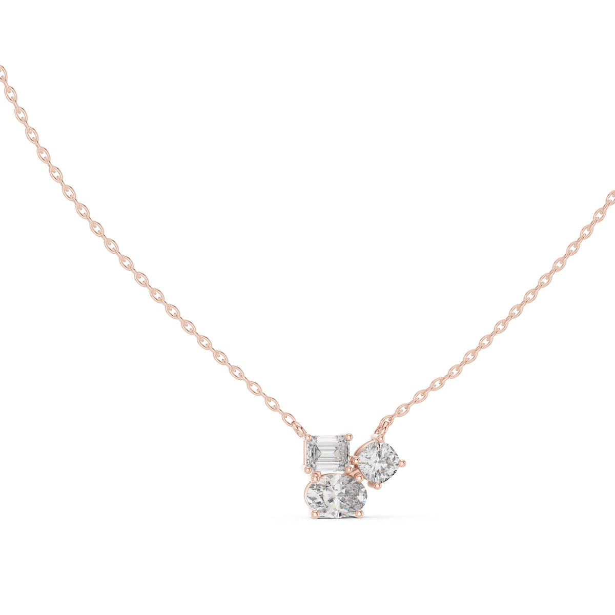 Multi-Shape Mixed Cut Labgrown Diamond Cluster Pendant Necklace Rose Gold