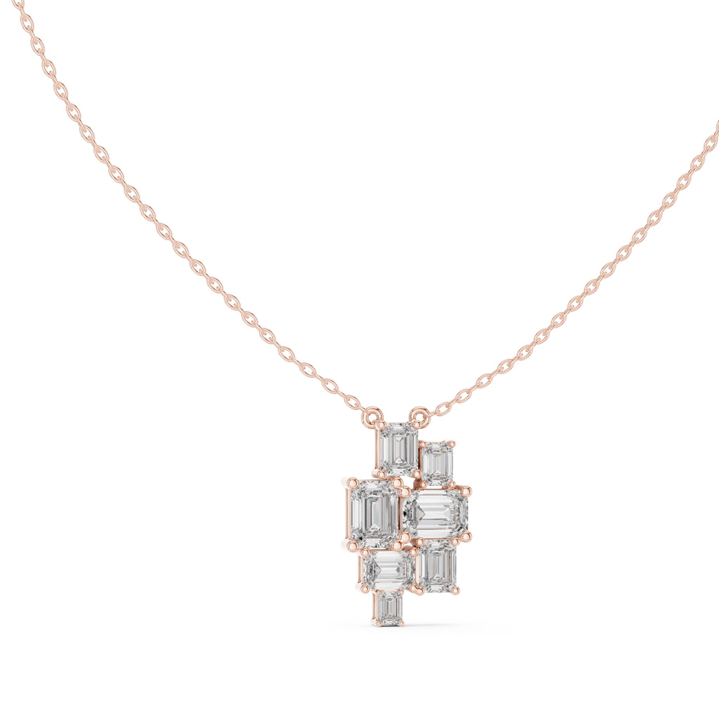 Multi-Stone Emerald Cut Labgrown Diamond Cluster Pendant Necklace Rose Gold