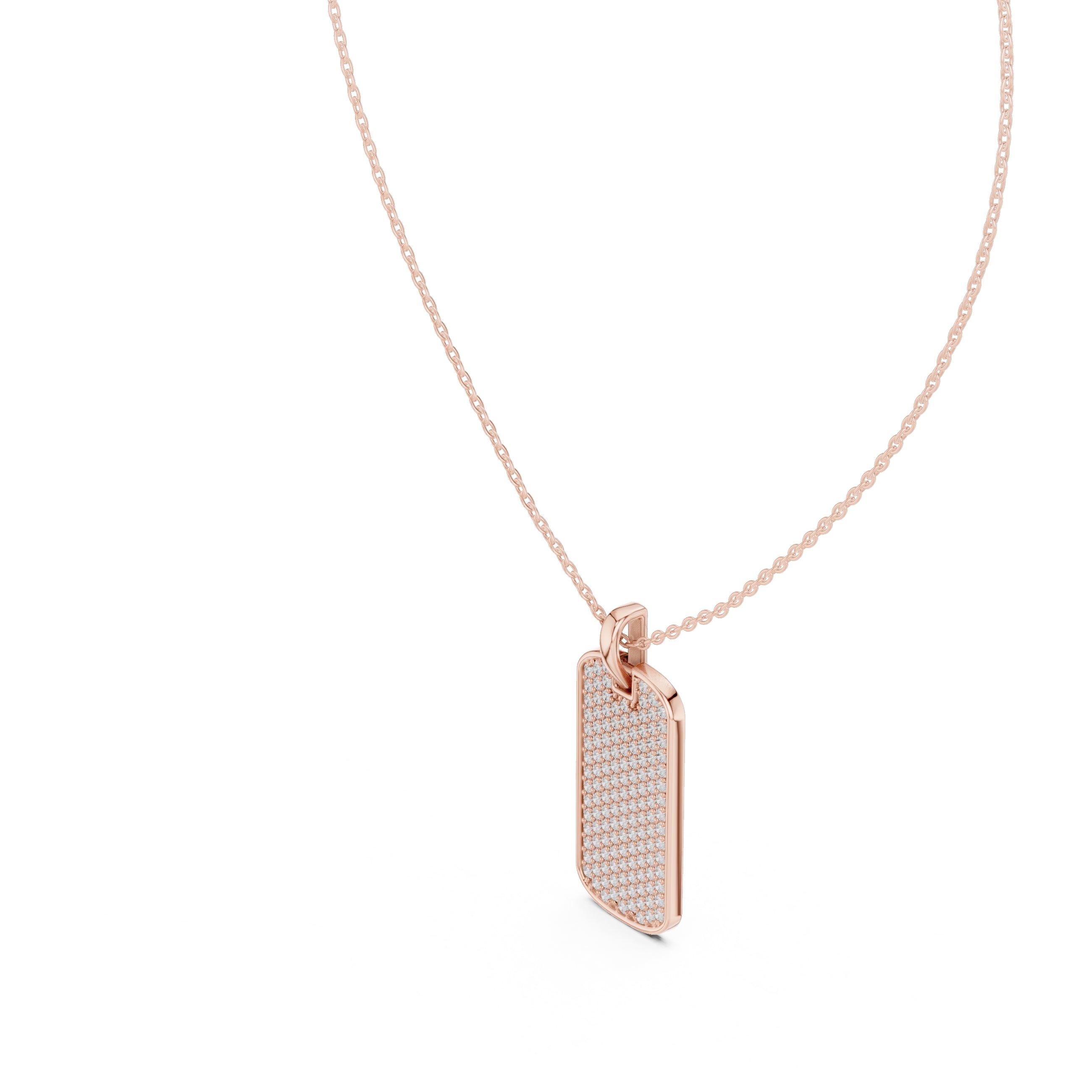 Fully Pavé-Set Rectangular Dog Tag Labgrown Diamond Pendant Necklace Rose Gold