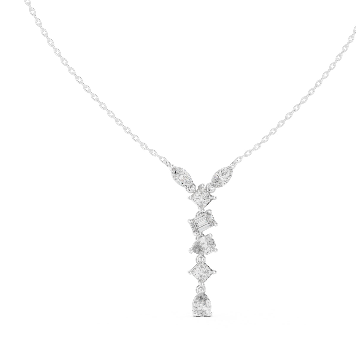 Multi-Shape Mixed-Cut Labgrown Diamond Y-Drop Pendant Necklace White Gold