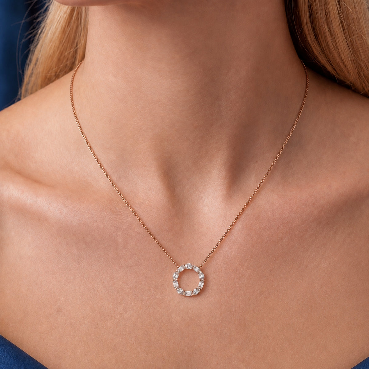 Alternating Oval and Emerald-Cut Labgrown Diamond Circle Pendant Necklace Rose Gold