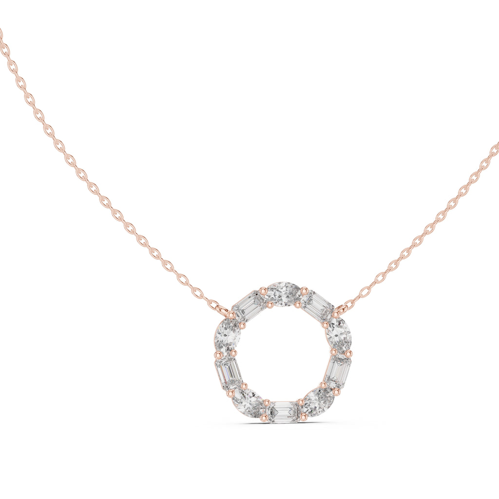 Alternating Oval and Emerald-Cut Labgrown Diamond Circle Pendant Necklace Rose Gold