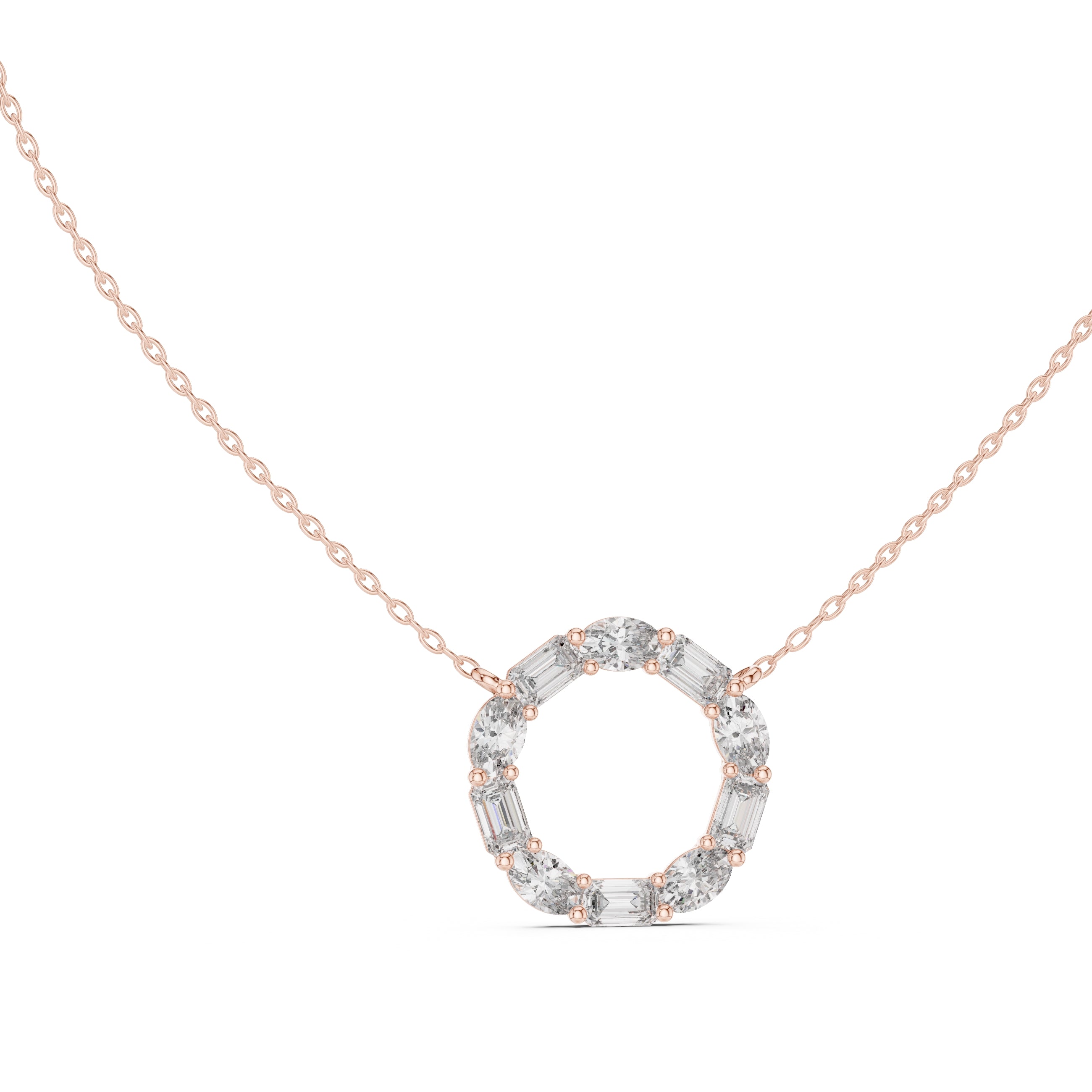 Alternating Oval and Emerald-Cut Labgrown Diamond Circle Pendant Necklace Rose Gold