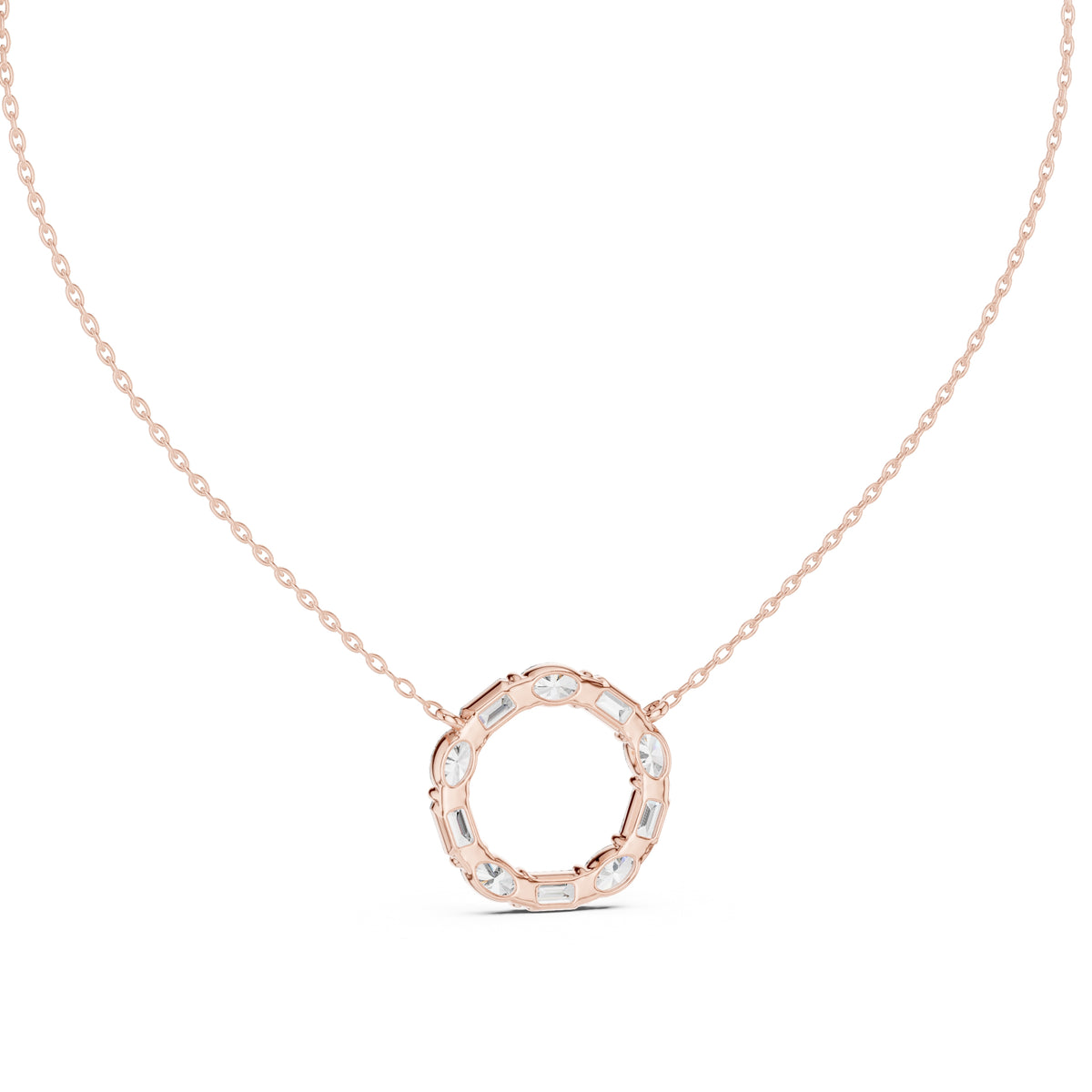 Alternating Oval and Emerald-Cut Labgrown Diamond Circle Pendant Necklace Rose Gold