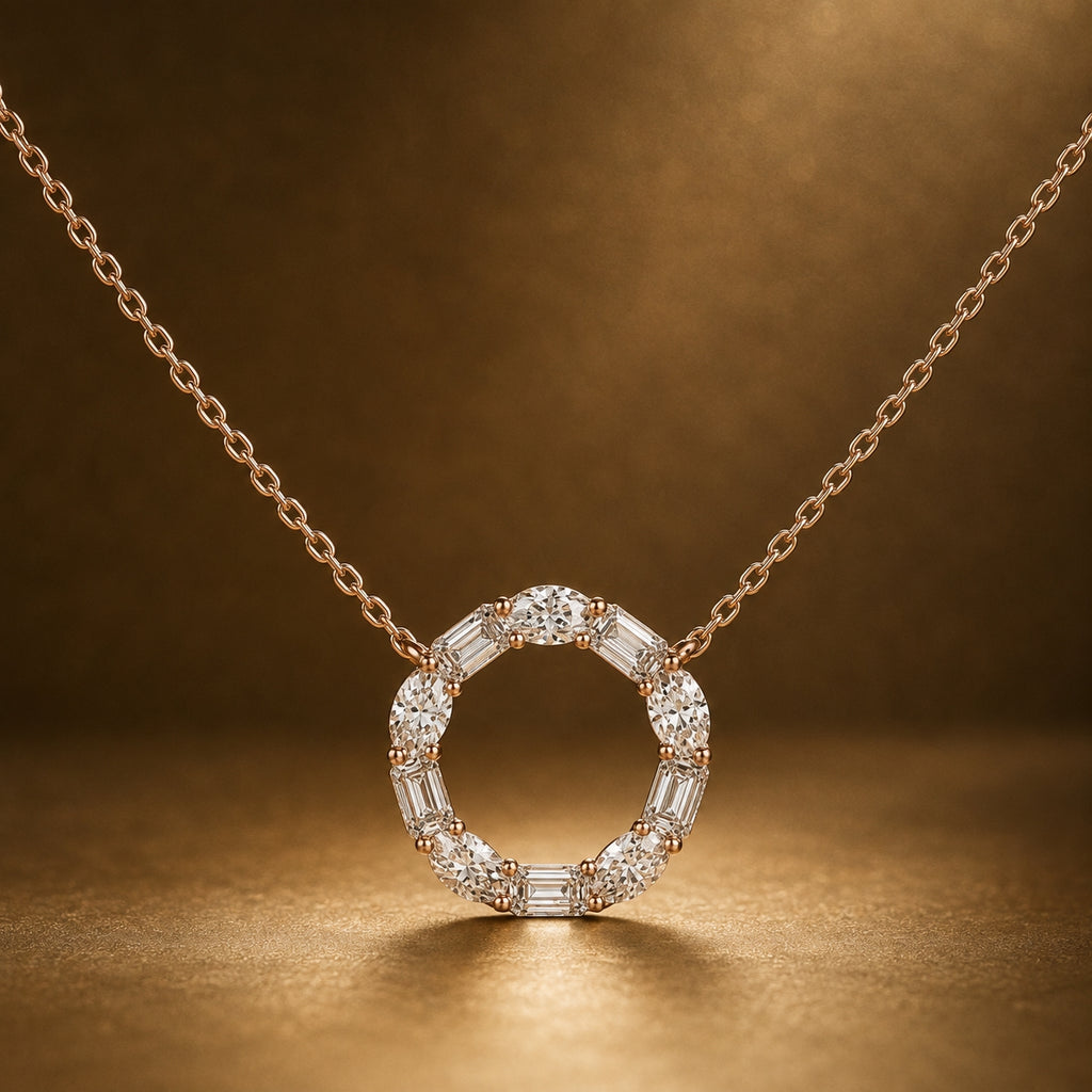 Alternating Oval and Emerald-Cut Labgrown Diamond Circle Pendant Necklace Rose Gold