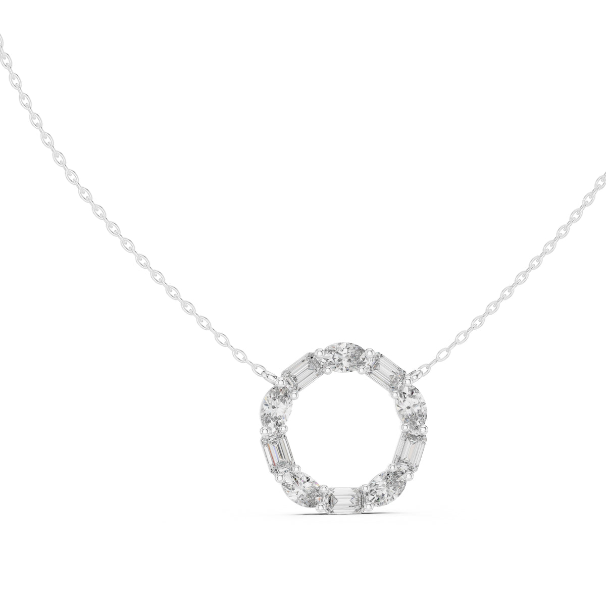 Alternating Oval and Emerald-Cut Labgrown Diamond Circle Pendant Necklace White Gold