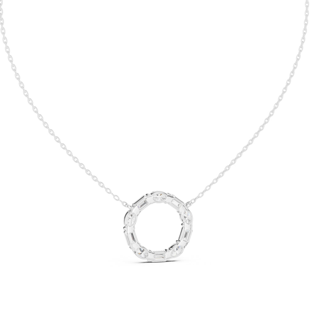 Alternating Oval and Emerald-Cut Labgrown Diamond Circle Pendant Necklace White Gold