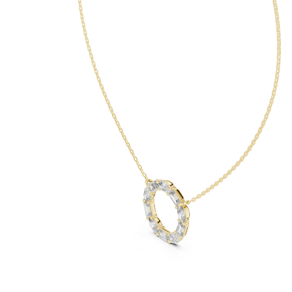 Alternating Oval and Emerald-Cut Labgrown Diamond Circle Pendant Necklace Yellow Gold
