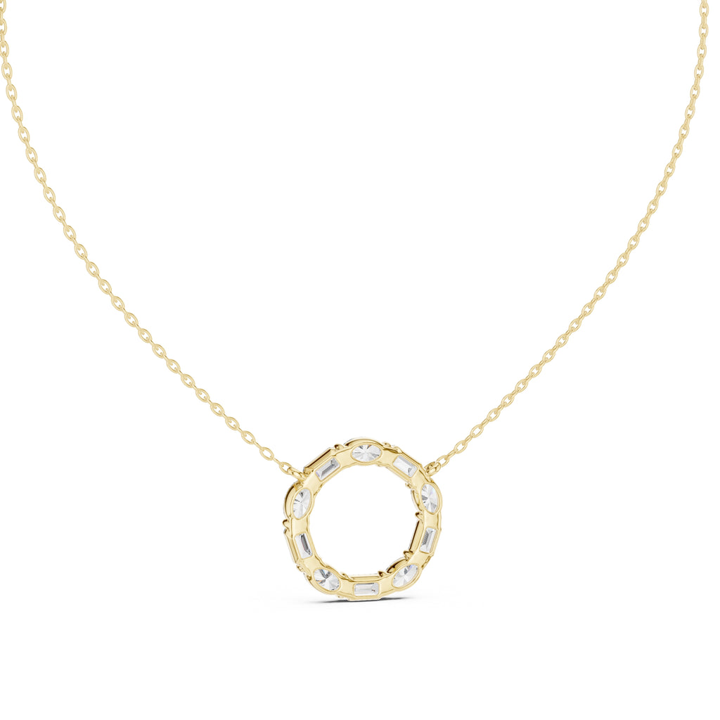Alternating Oval and Emerald-Cut Labgrown Diamond Circle Pendant Necklace Yellow Gold