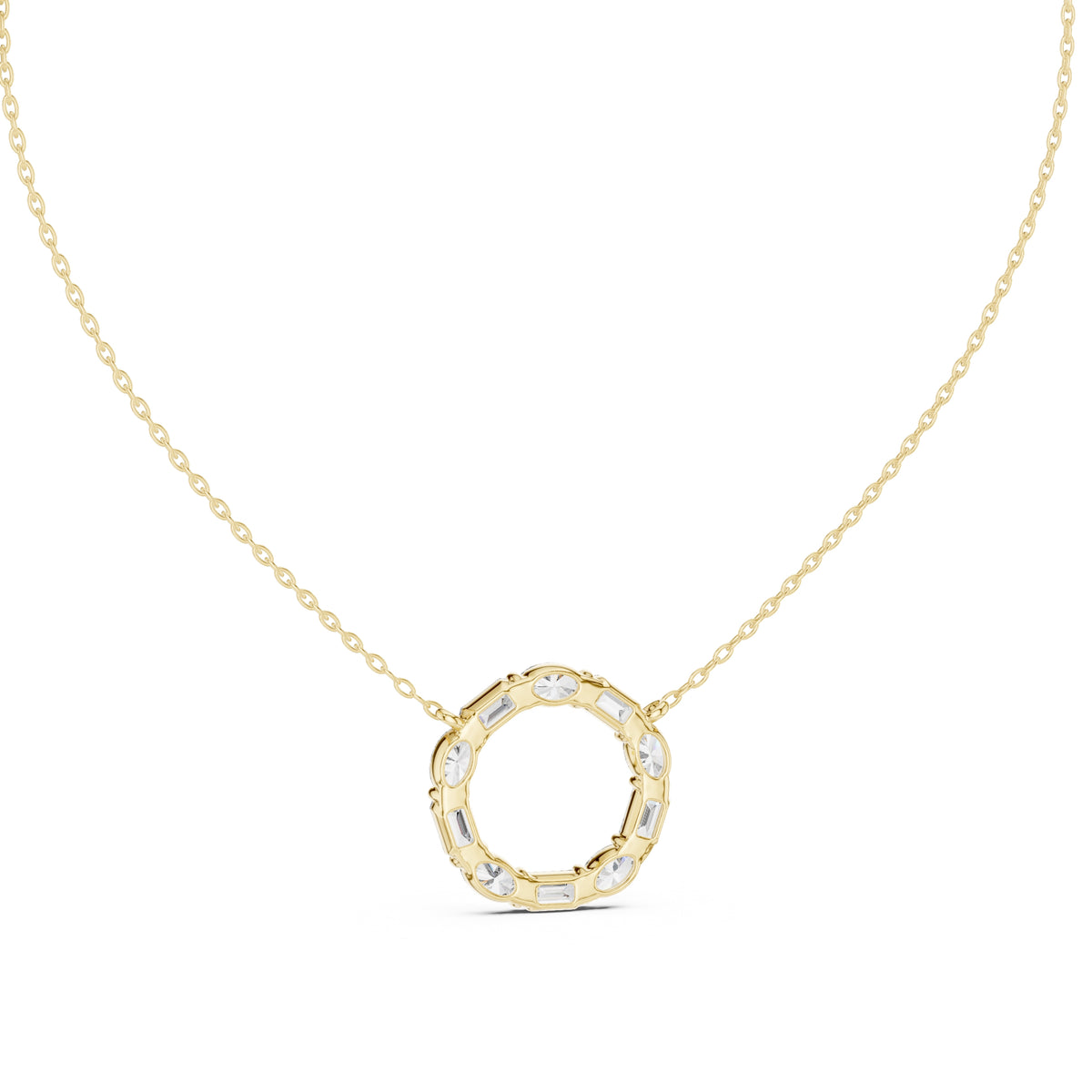 Alternating Oval and Emerald-Cut Labgrown Diamond Circle Pendant Necklace Yellow Gold