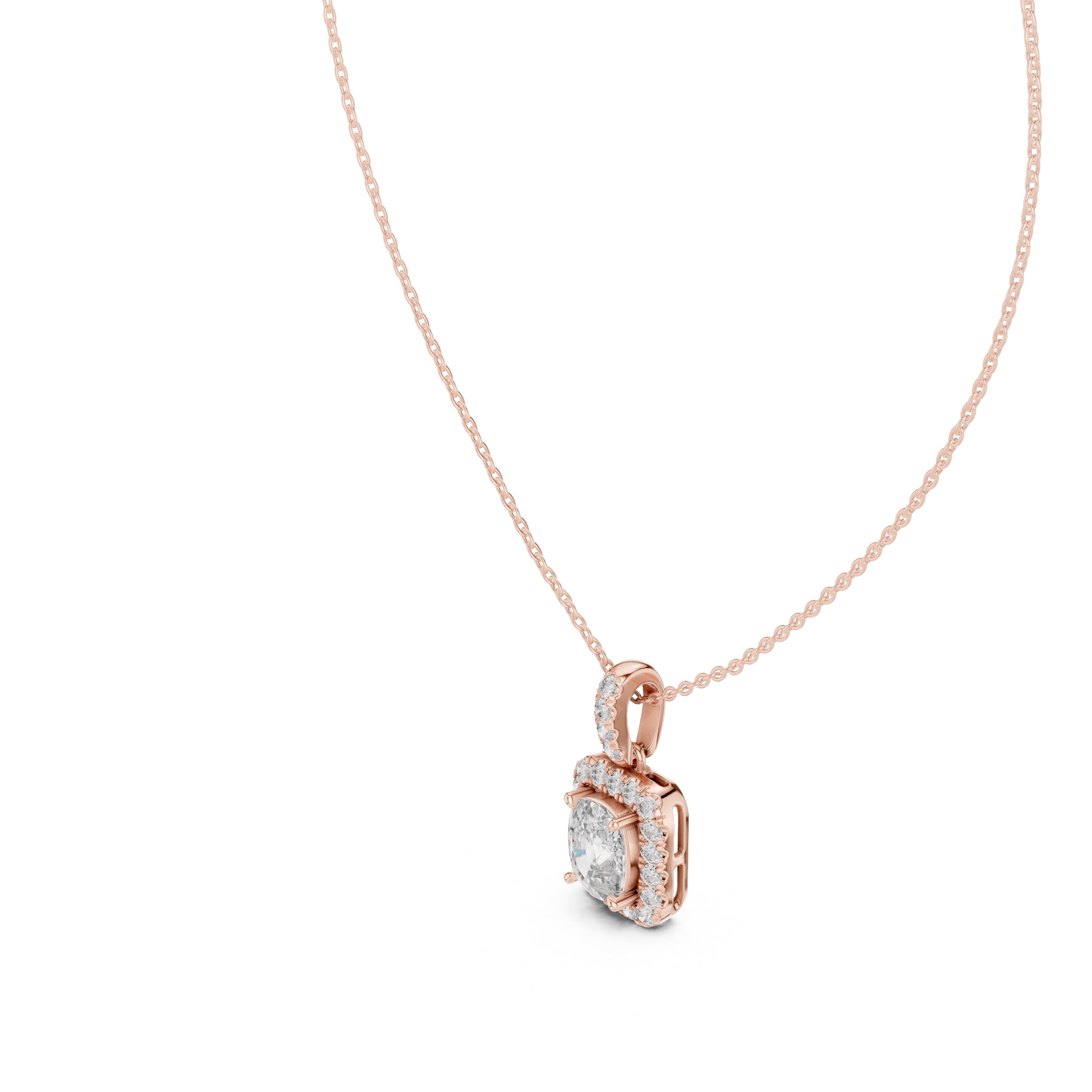 3.00 Carat Cushion-Cut Halo Labgrown Diamond Pendant Necklace 3ct Rose Gold