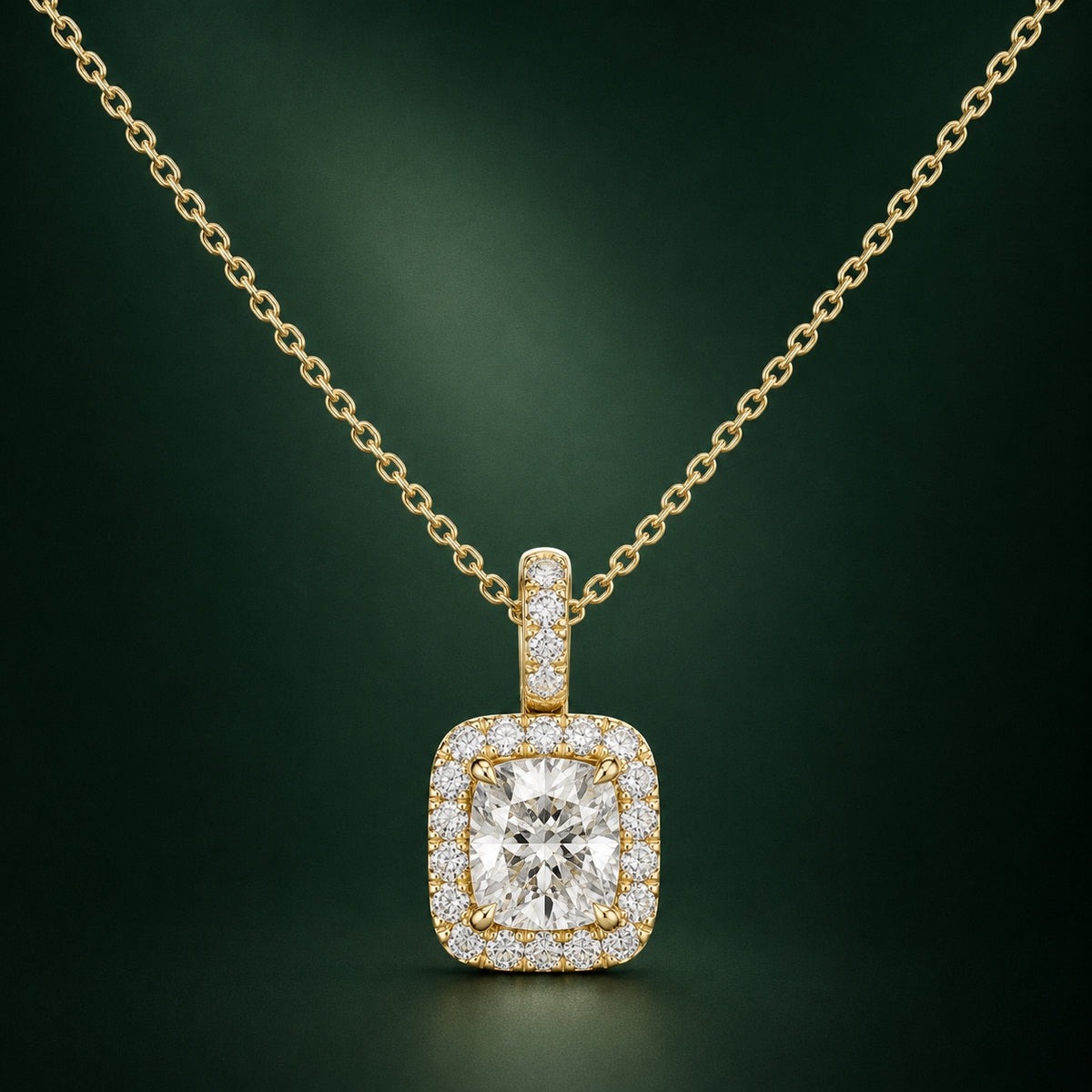 3.00 Carat Cushion-Cut Halo Labgrown Diamond Pendant Necklace 3ct Yellow Gold
