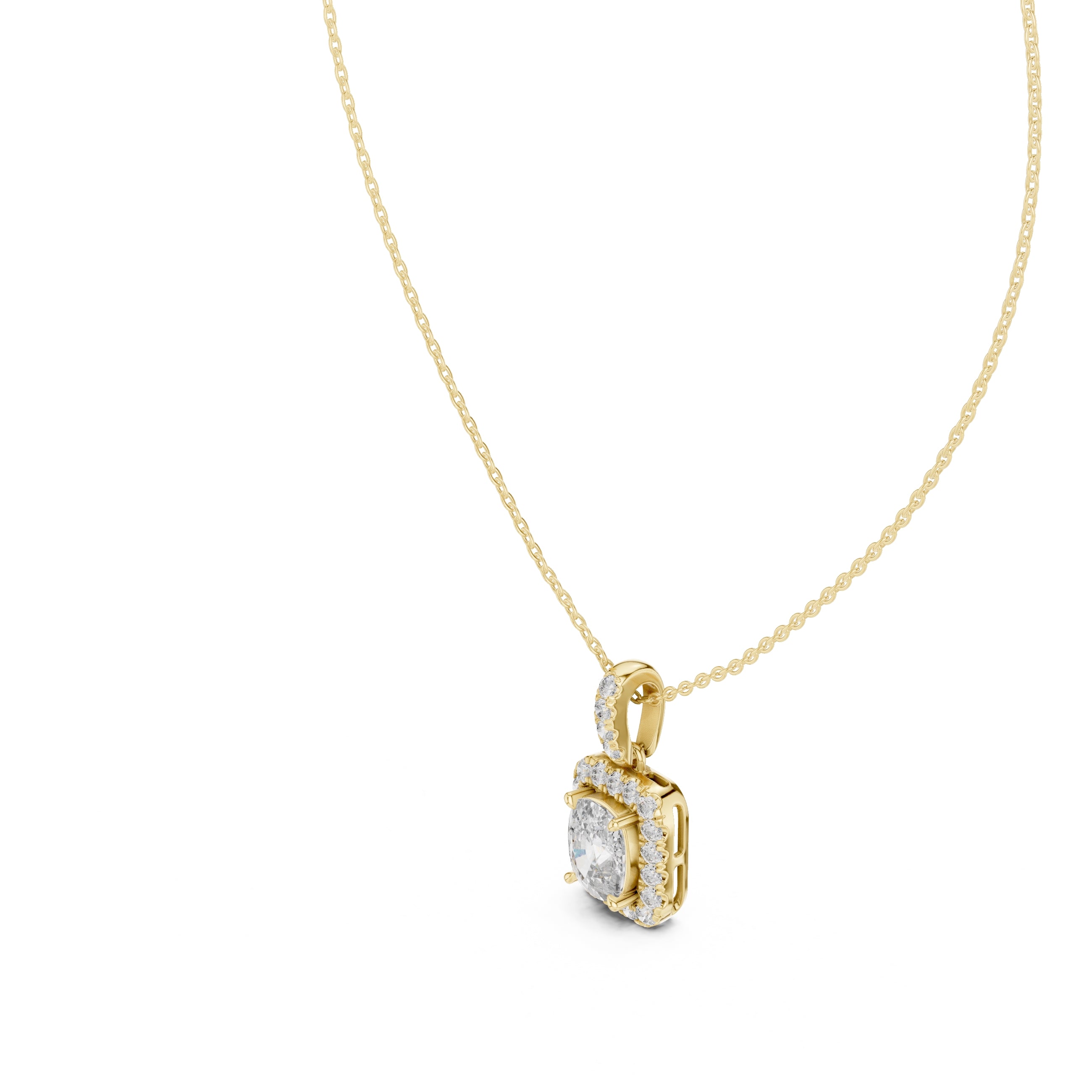 3.00 Carat Cushion-Cut Halo Labgrown Diamond Pendant Necklace 3ct Yellow Gold