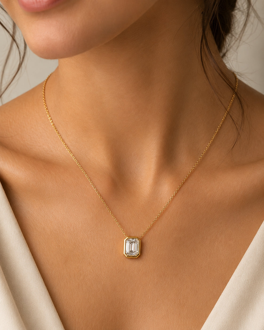 1.50 Carat Emerald-Cut Bezel Labgrown Diamond Pendant Necklace 1.5ct Yellow Gold