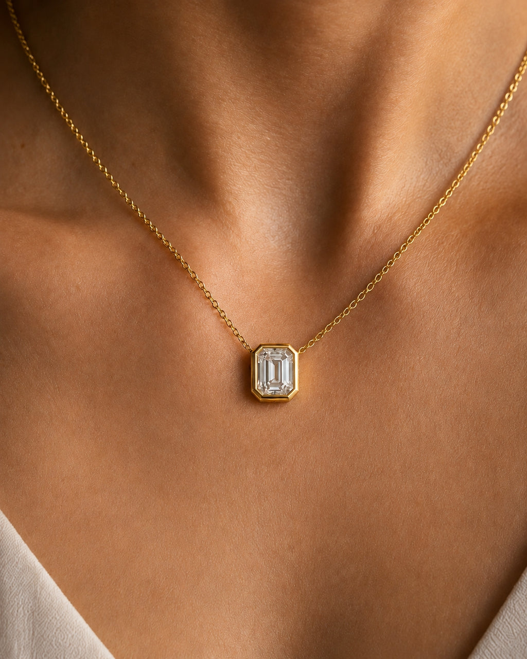 1.50 Carat Emerald-Cut Bezel Labgrown Diamond Pendant Necklace 1.5ct Yellow Gold