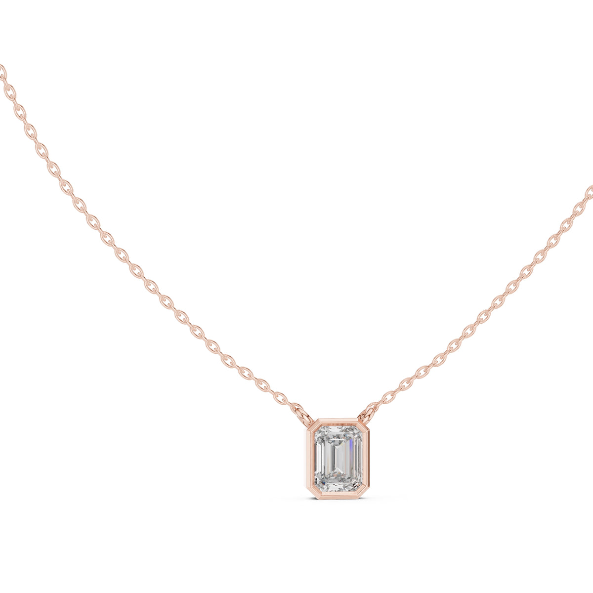 1.50 Carat Emerald-Cut Bezel Labgrown Diamond Pendant Necklace 1.5ct Rose Gold