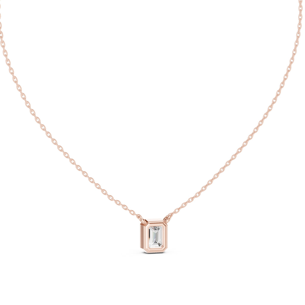1.50 Carat Emerald-Cut Bezel Labgrown Diamond Pendant Necklace 1.5ct Rose Gold