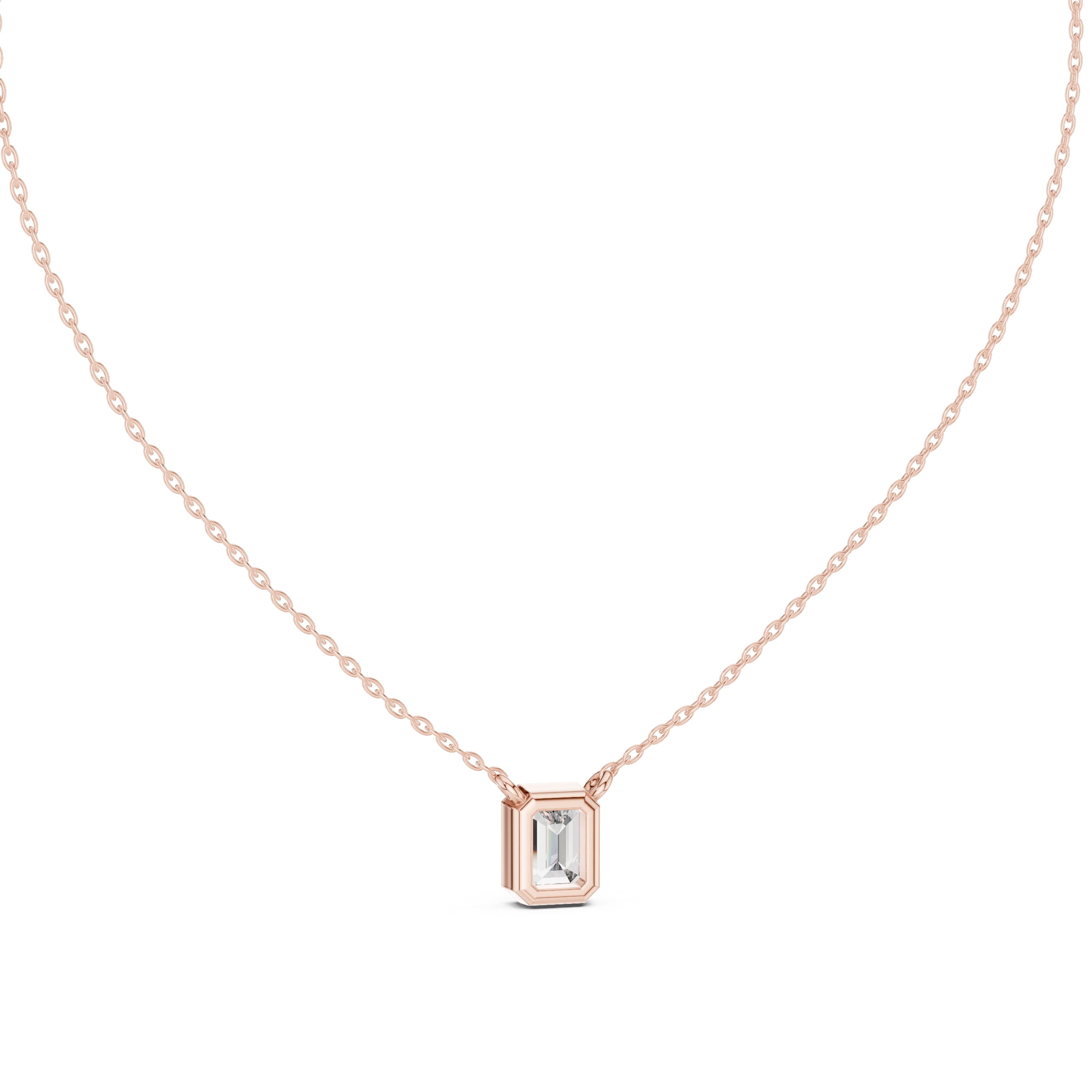 1.50 Carat Emerald-Cut Bezel Labgrown Diamond Pendant Necklace 1.5ct Rose Gold