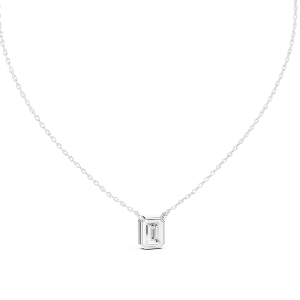 1.50 Carat Emerald-Cut Bezel Labgrown Diamond Pendant Necklace 1.5ct White Gold