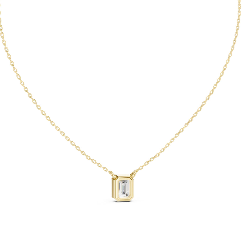 1.50 Carat Emerald-Cut Bezel Labgrown Diamond Pendant Necklace 1.5ct Yellow Gold
