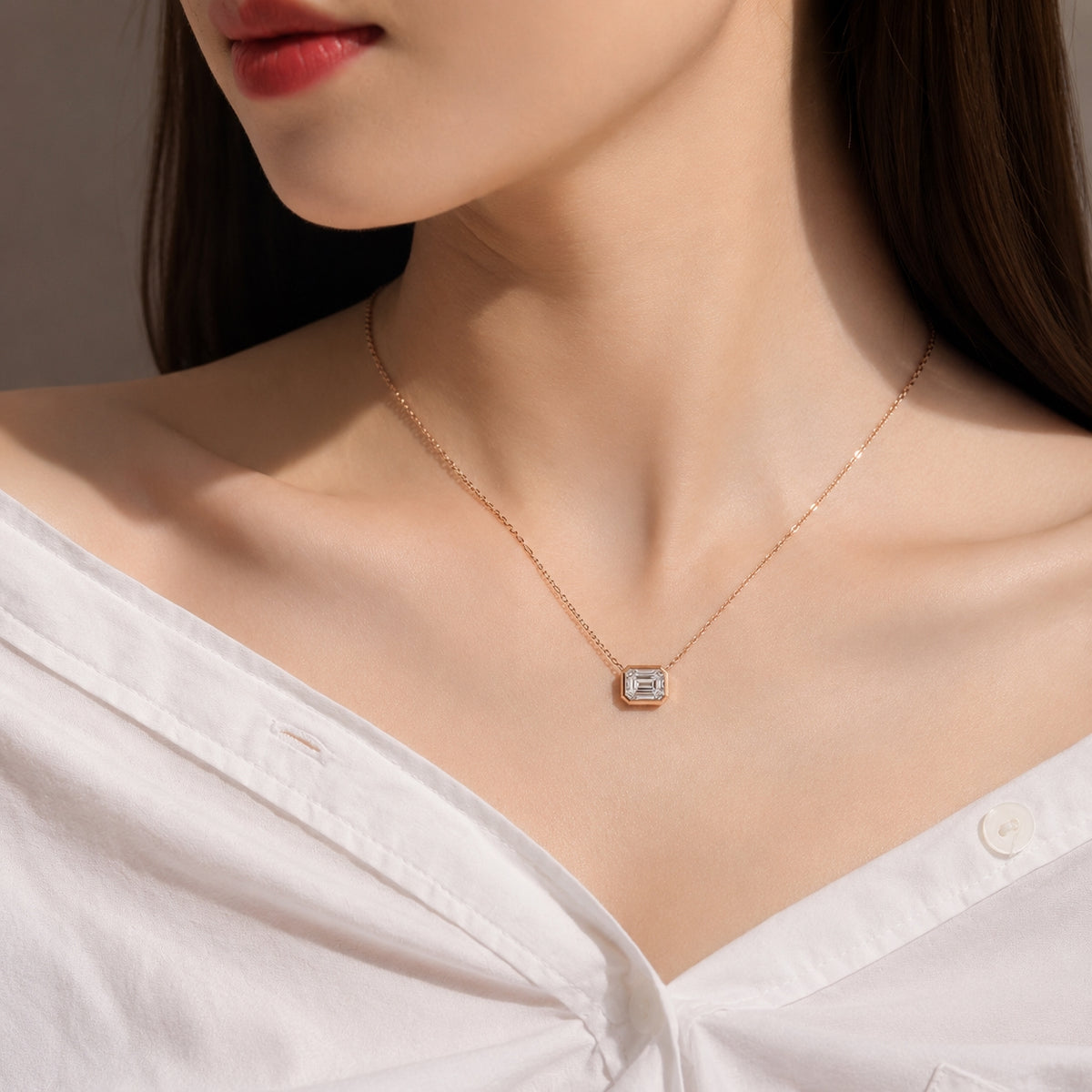 2.50 Carat Emerald-Cut Bezel Labgrown Diamond Pendant Necklace 2.5ct Rose Gold