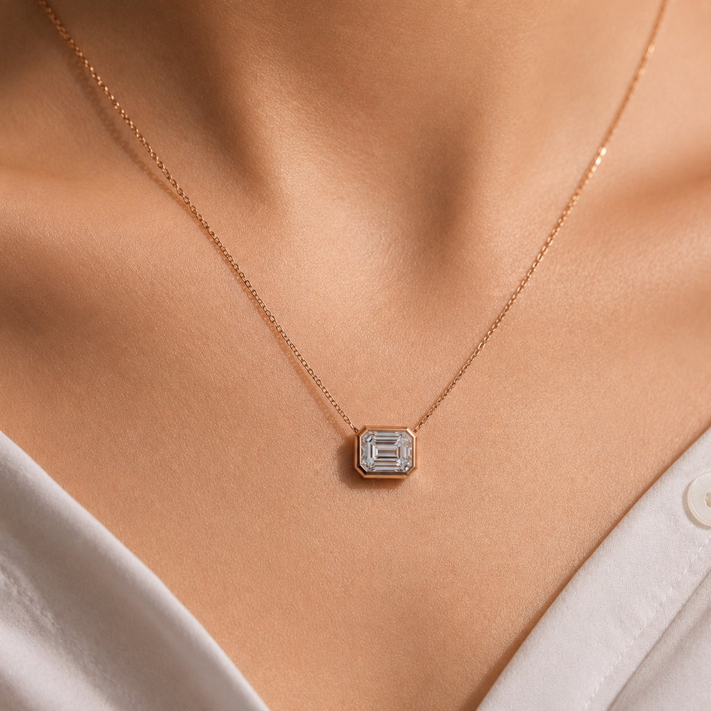 2.50 Carat Emerald-Cut Bezel Labgrown Diamond Pendant Necklace 2.5ct Rose Gold