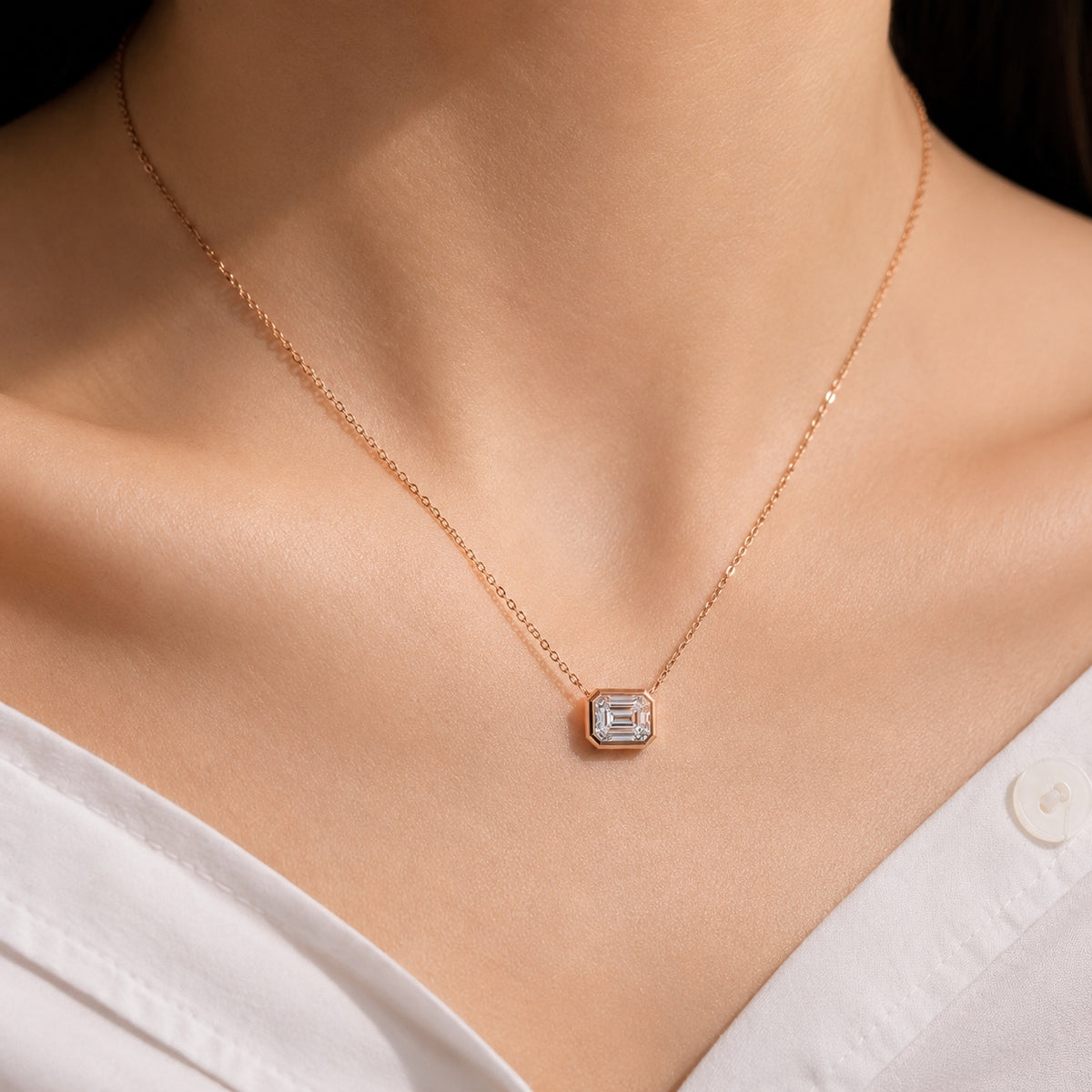 2.50 Carat Emerald-Cut Bezel Labgrown Diamond Pendant Necklace 2.5ct Rose Gold