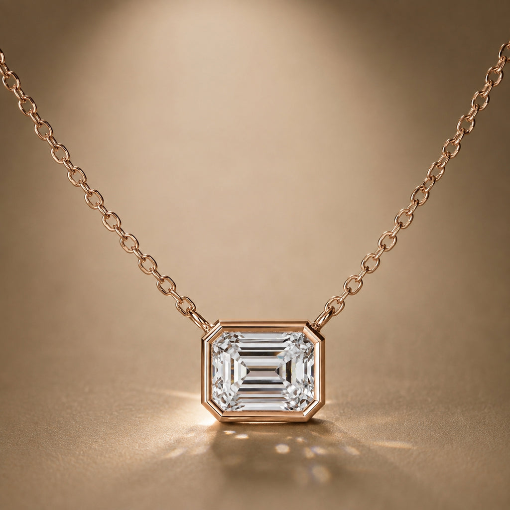 2.50 Carat Emerald-Cut Bezel Labgrown Diamond Pendant Necklace 2.5ct Rose Gold