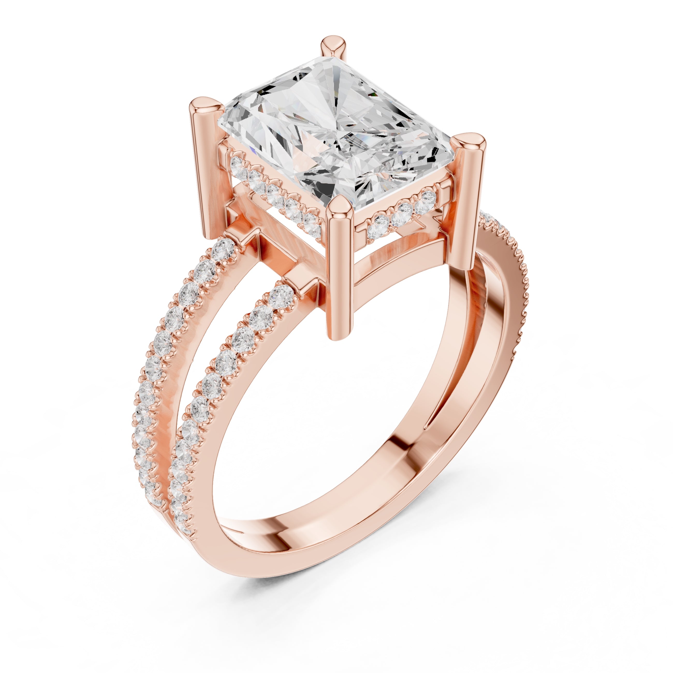 3.00 ct Crowned Bridge Ring 3ct Rose Gold Radiant