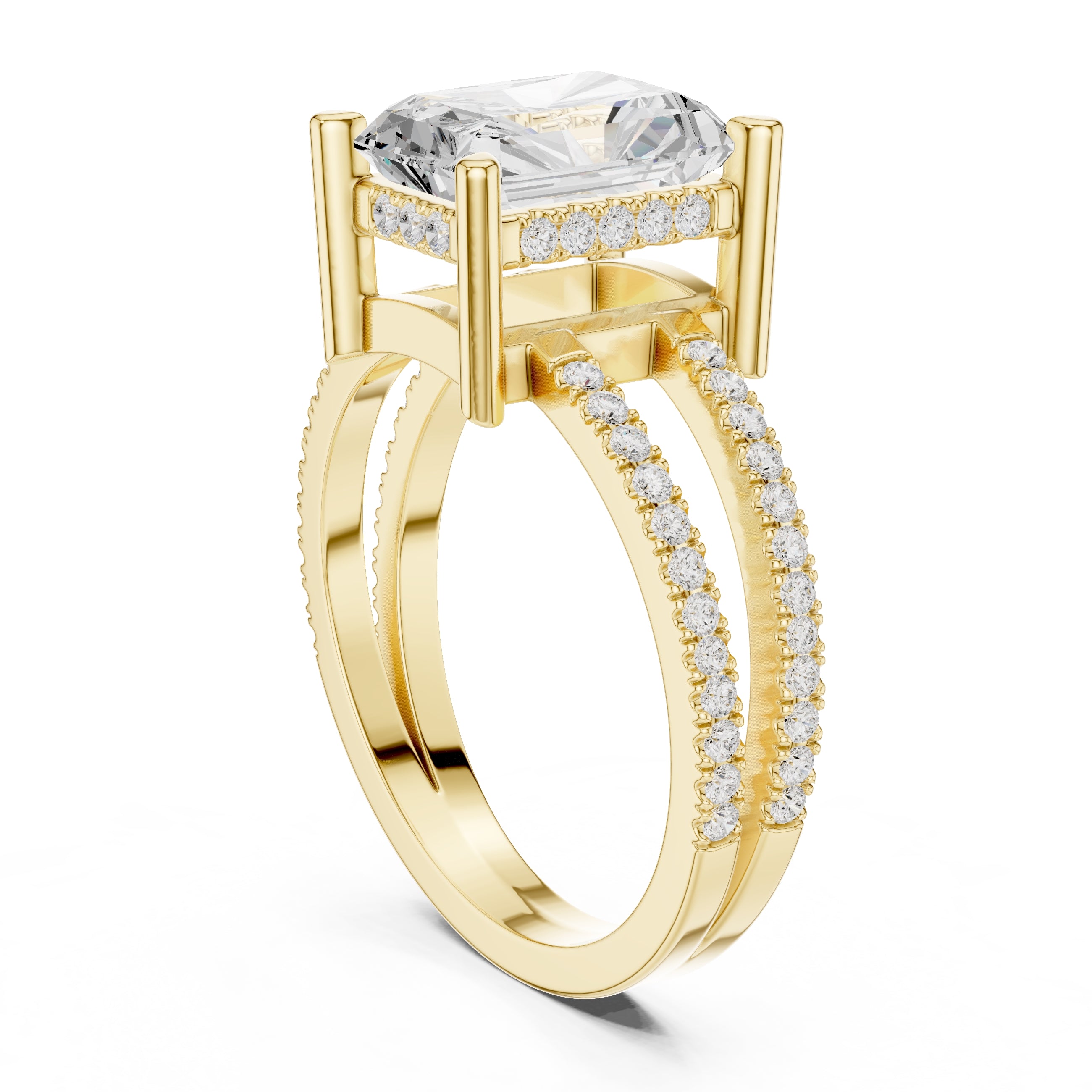 3.00 ct Crowned Bridge Ring 3ct Yellow Gold Radiant