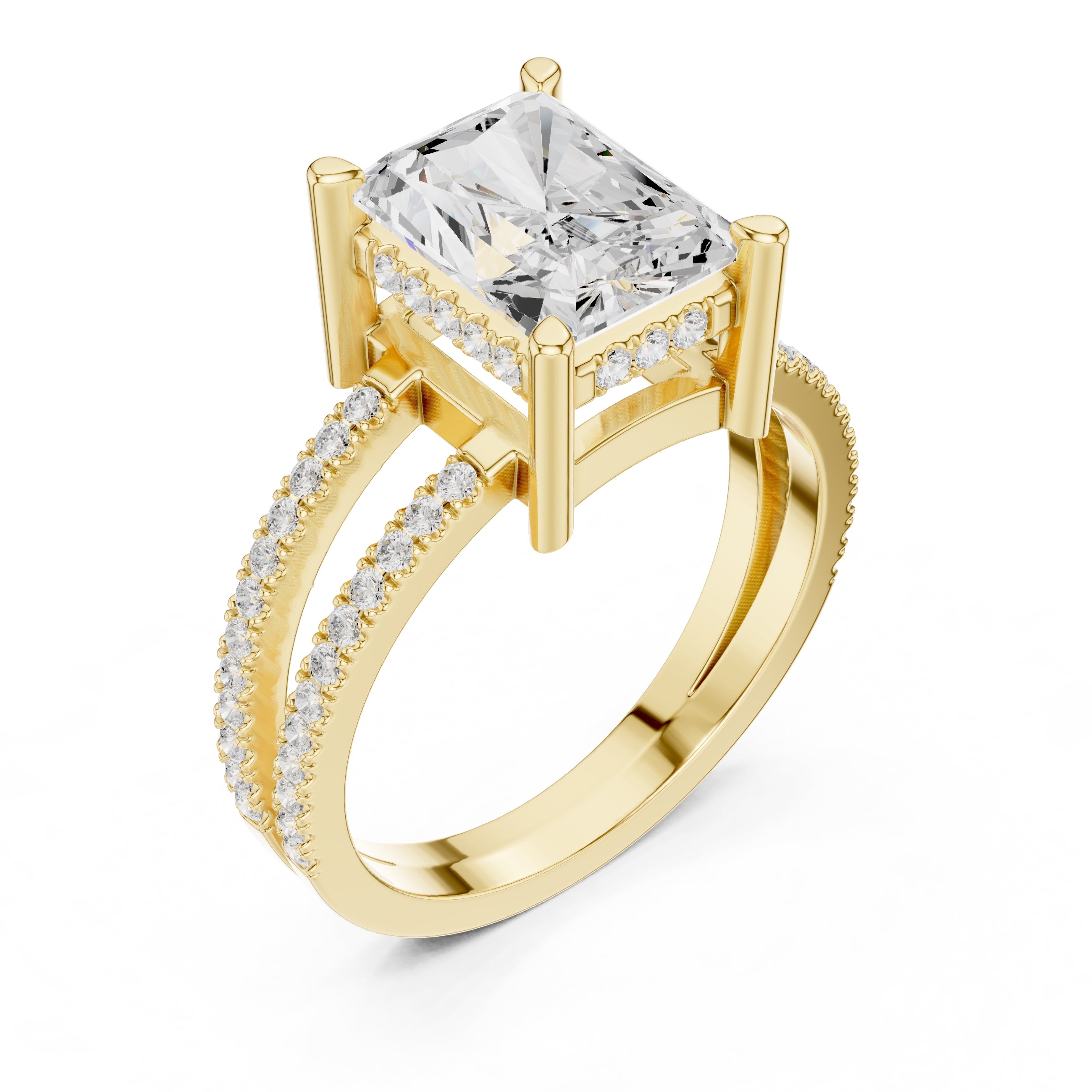 3.00 ct Crowned Bridge Ring 3ct Yellow Gold Radiant