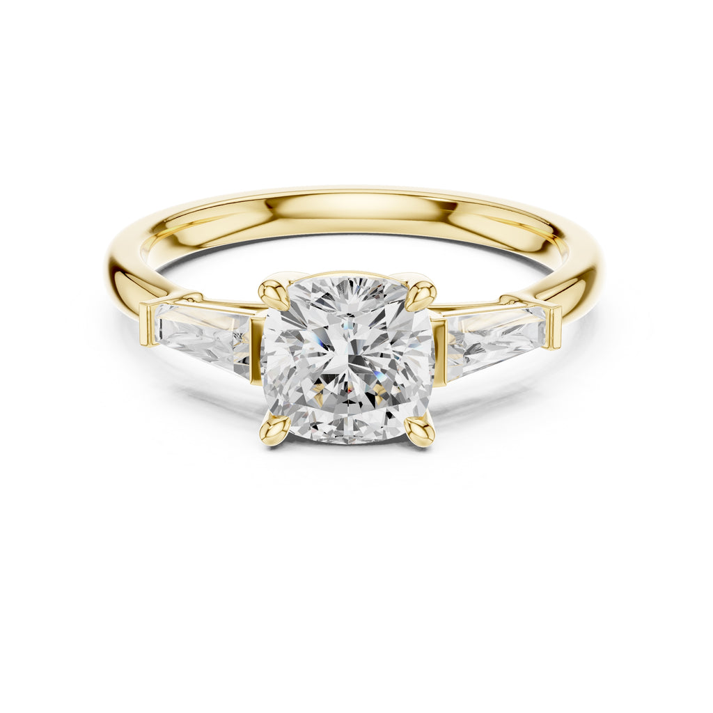 1.50 ct Ethereal Three-Stone Engagement Ring 1.5ct Yellow Gold Cushion