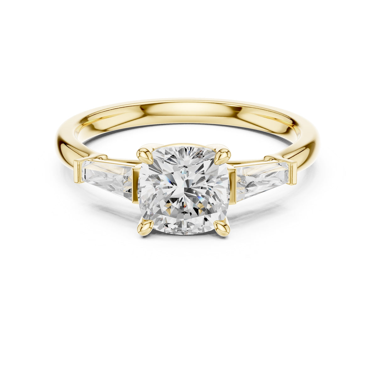 1.50 ct Ethereal Three-Stone Engagement Ring 1.5ct Yellow Gold Cushion