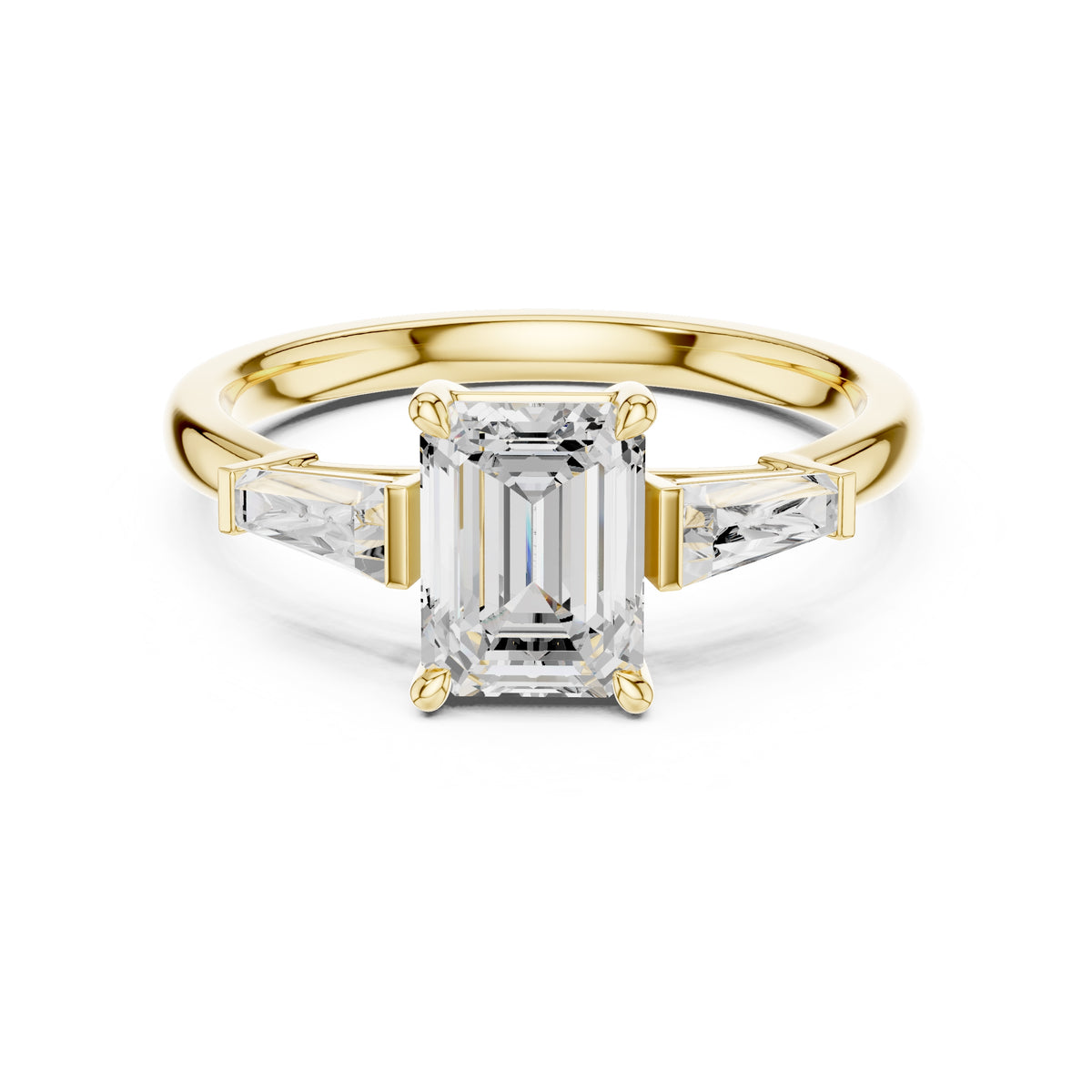 1.50 ct Ethereal Three-Stone Engagement Ring 1.5ct Yellow Gold Emerald