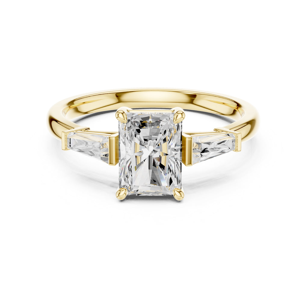 1.50 ct Ethereal Three-Stone Engagement Ring 1.5ct Yellow Gold Radiant
