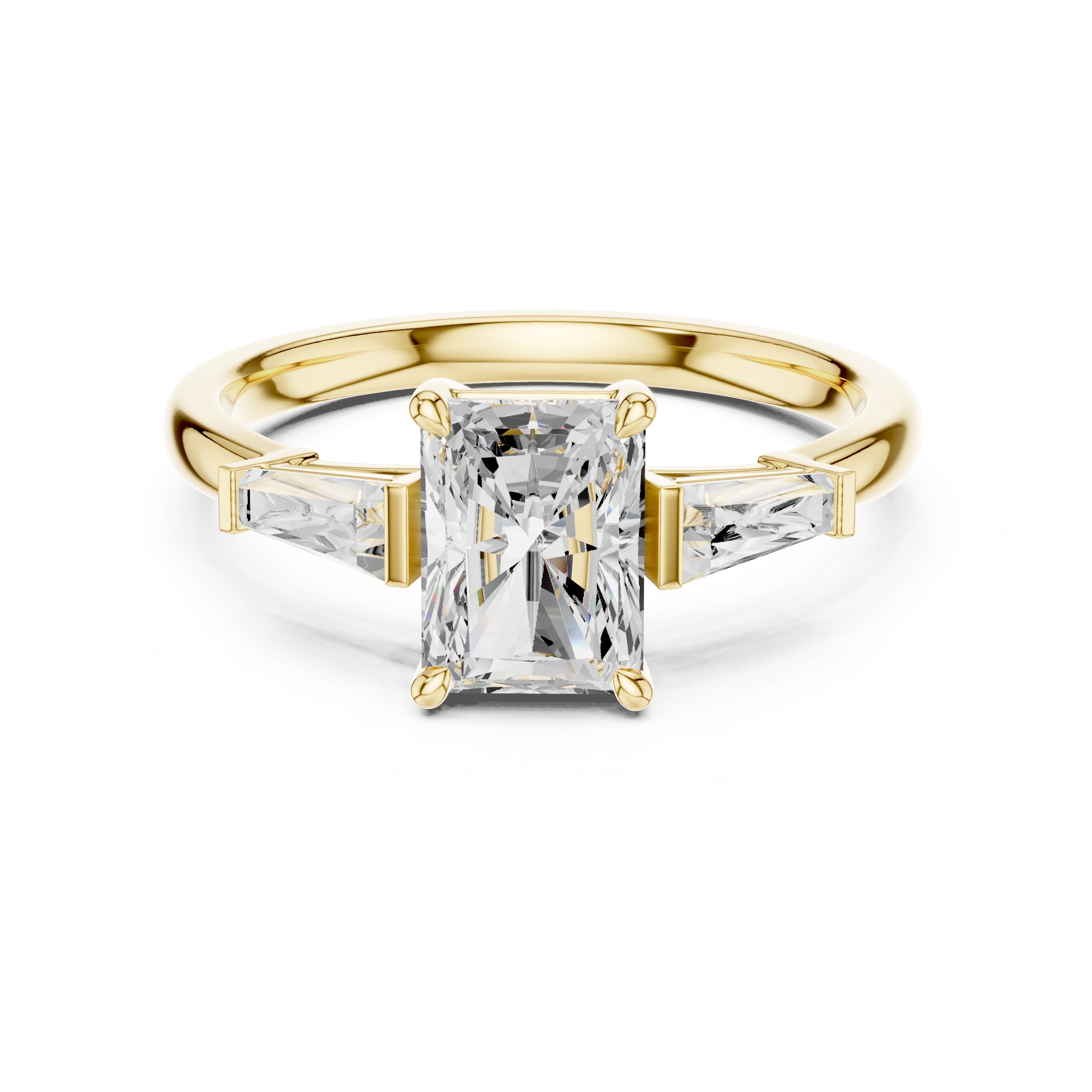 1.50 ct Ethereal Three-Stone Engagement Ring 1.5ct Yellow Gold Radiant