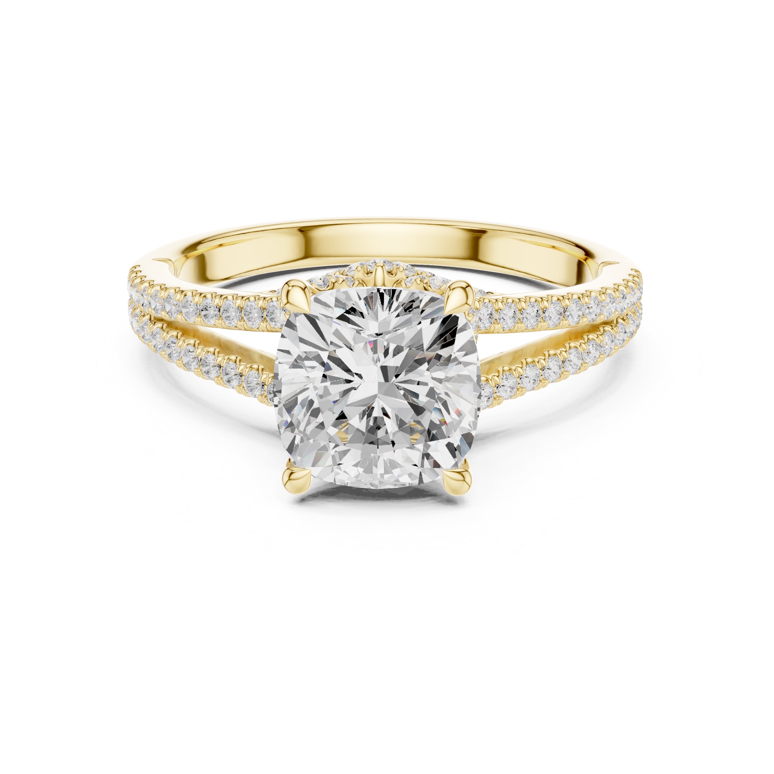 2.50 ct Stellar Split-Shank Engagement Ring 2.5ct Yellow Gold Cushion