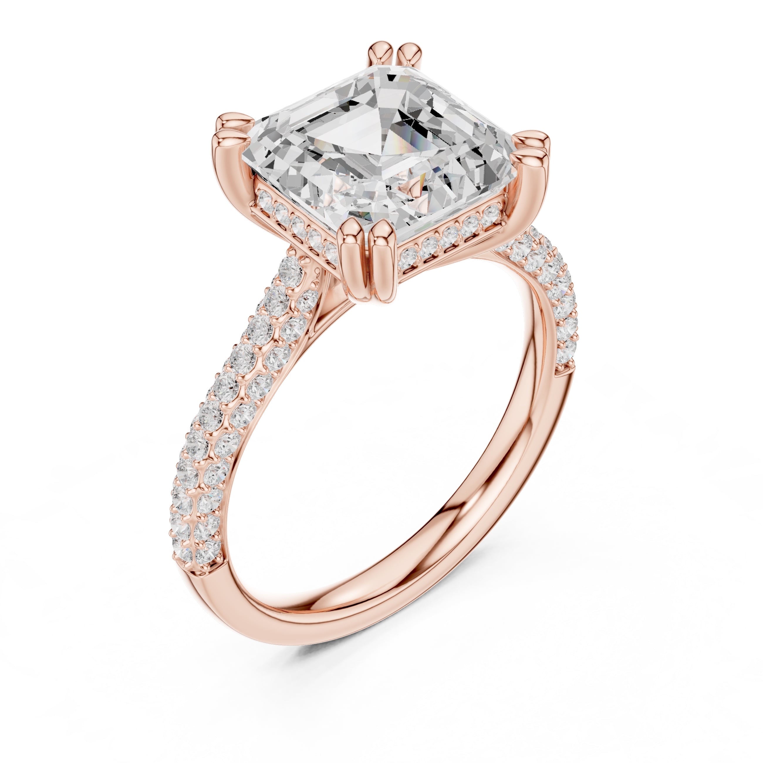 4.00 ct Eclipse Pavé Heart Engagement Ring 4ct Rose Gold Asscher