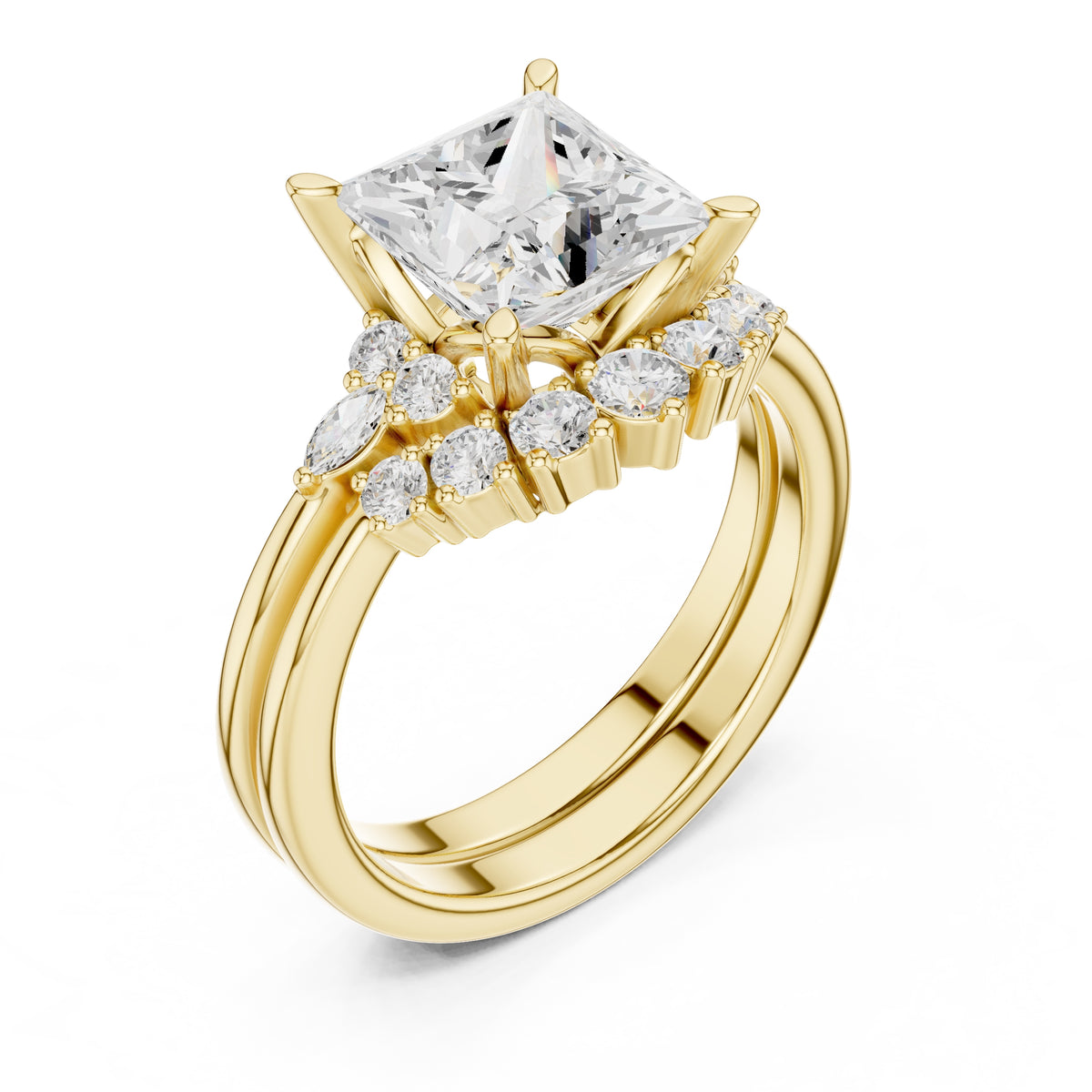 2.50 ct Solstice Cluster Engagement Ring 2.5ct Yellow Gold Princess