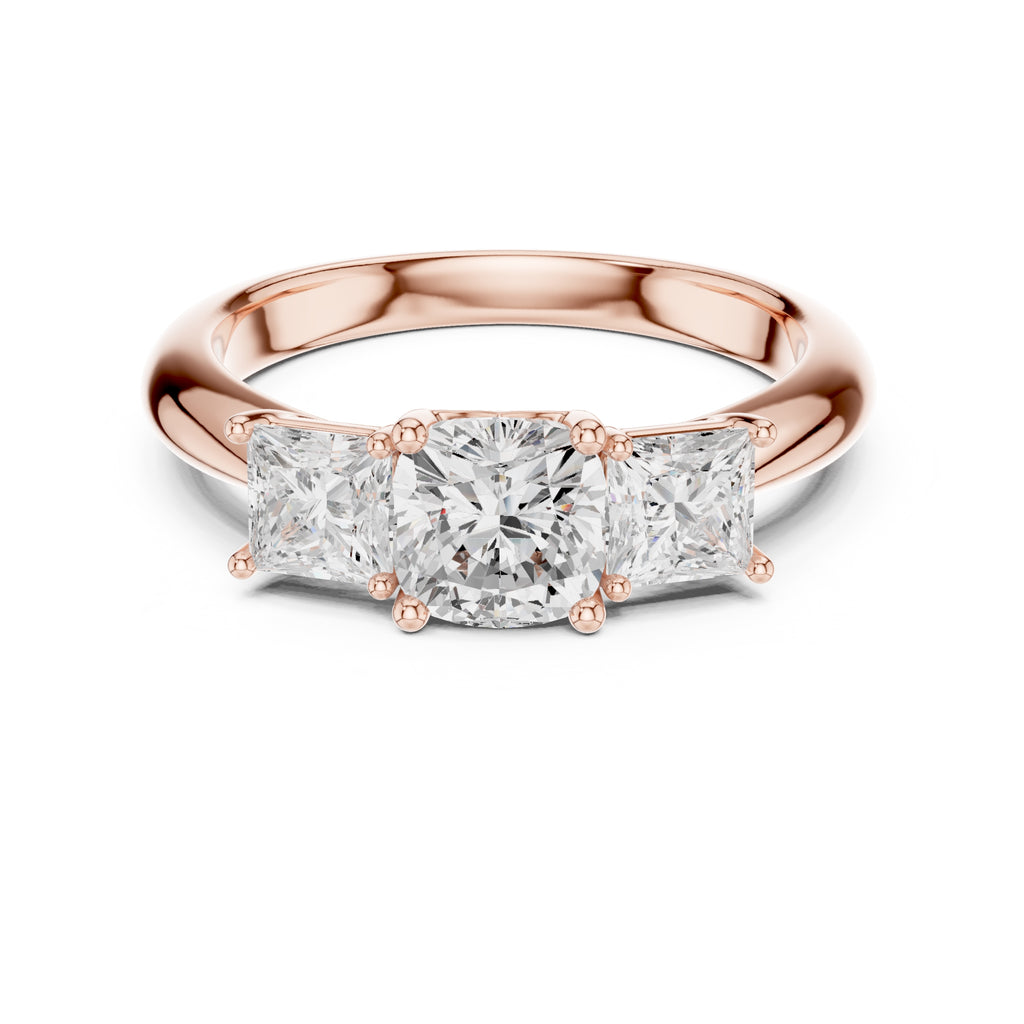 1.00 ct Trilogy Trio Engagement Ring 1ct Rose Gold Cushion