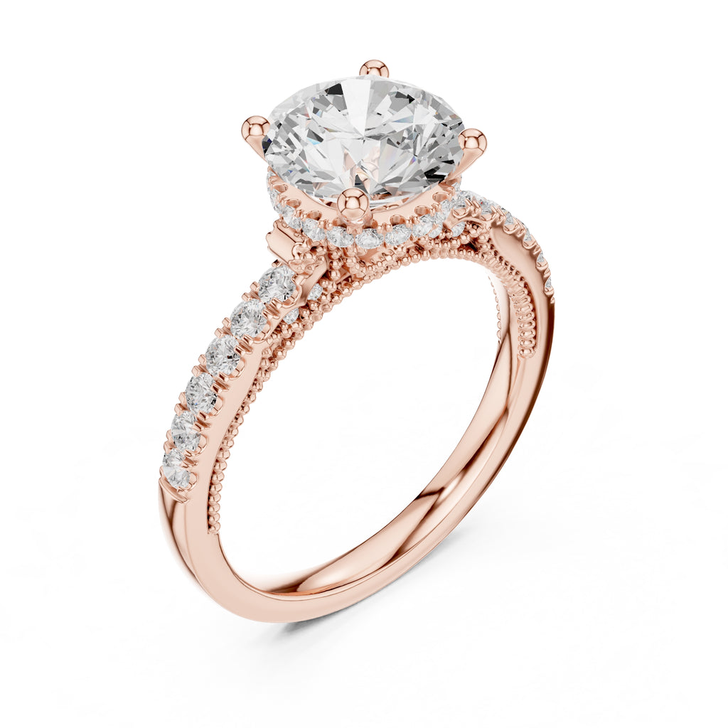 2.00 ct Round Lab-Grown Diamond Milgrain Pave Ring 2ct Rose Gold
