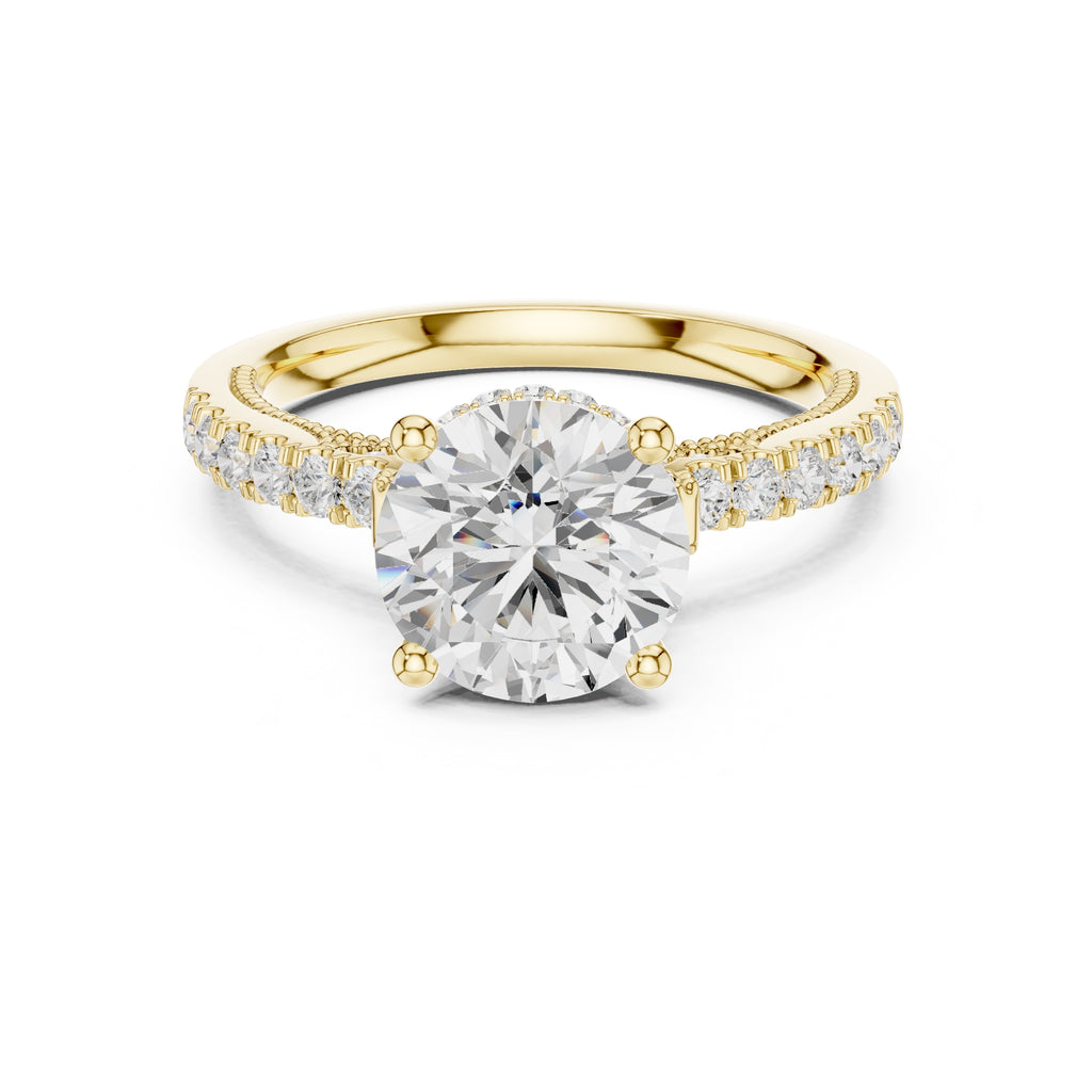 2.00 ct Round Lab-Grown Diamond Milgrain Pave Ring 2ct Yellow Gold